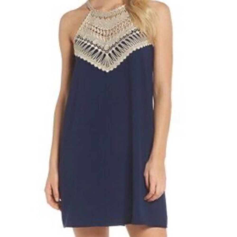 Lilly Pulitzer | Dress Navy Gold Shift Sleeveless Embroidered Lace- Size 0 Lined